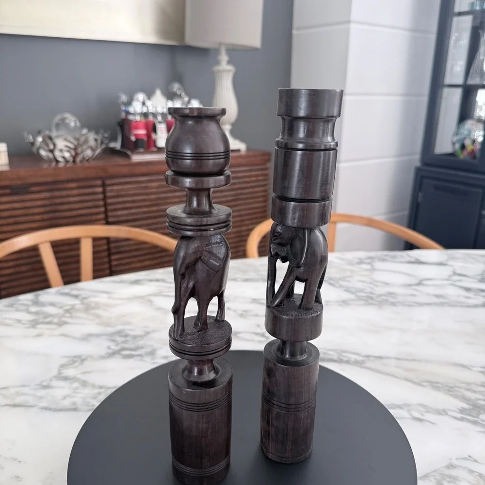 Wood Candlesticks‎ with Elephant, Set of two